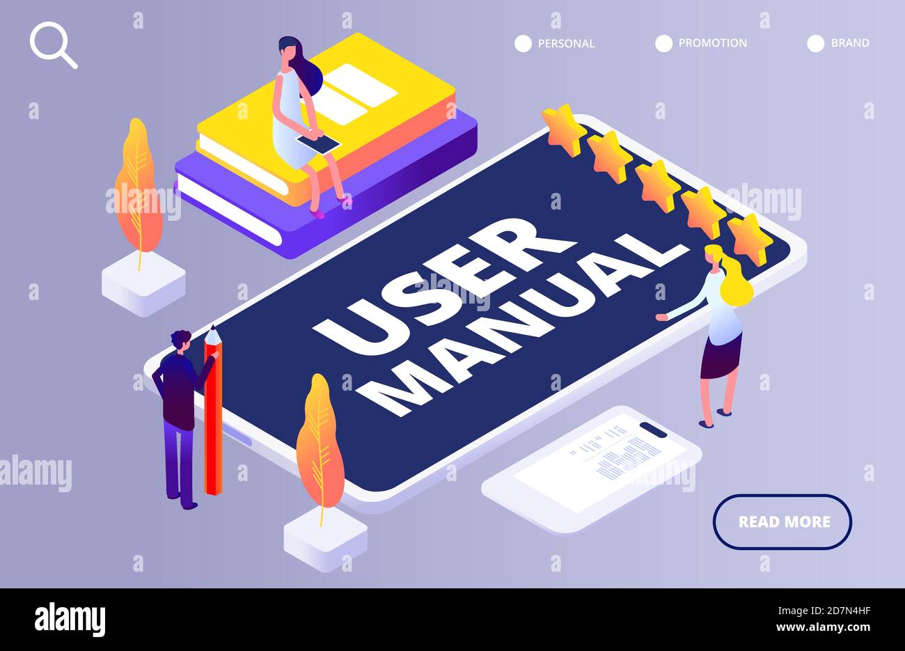 User manual concept. People with guide instruction on smartphone app vector illustration. Digital touchscreen device, instruction smart phone 3d isometric Stock Vector