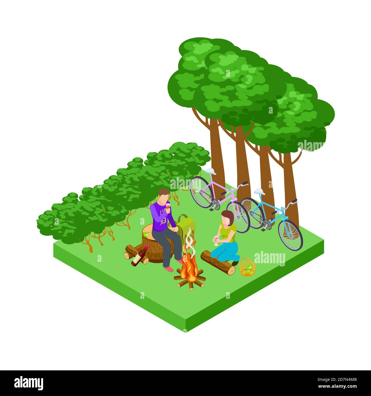 Couple on a romantic picnic, isometric tourism with bicycles vector concept. Couple of love relationship, romance dating illustration Stock Vector