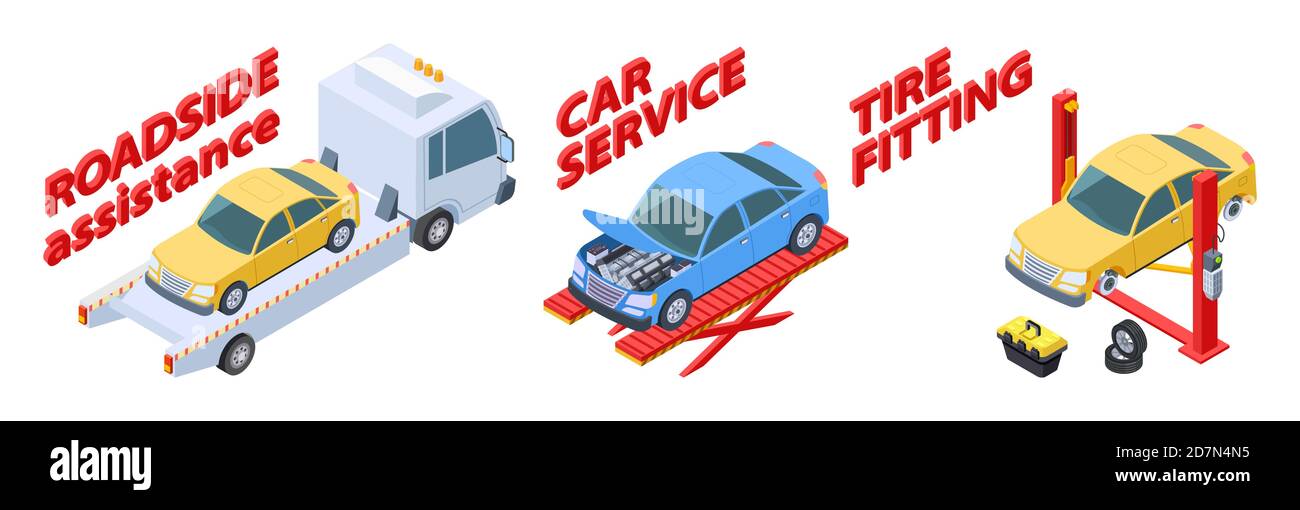 Auto service isometric. Roadside assistance, tire fitting, car repair service vector illustration. Isometric cars, tow truck, wheels. Assistance car service roadside, repair vehicle and help on road Stock Vector