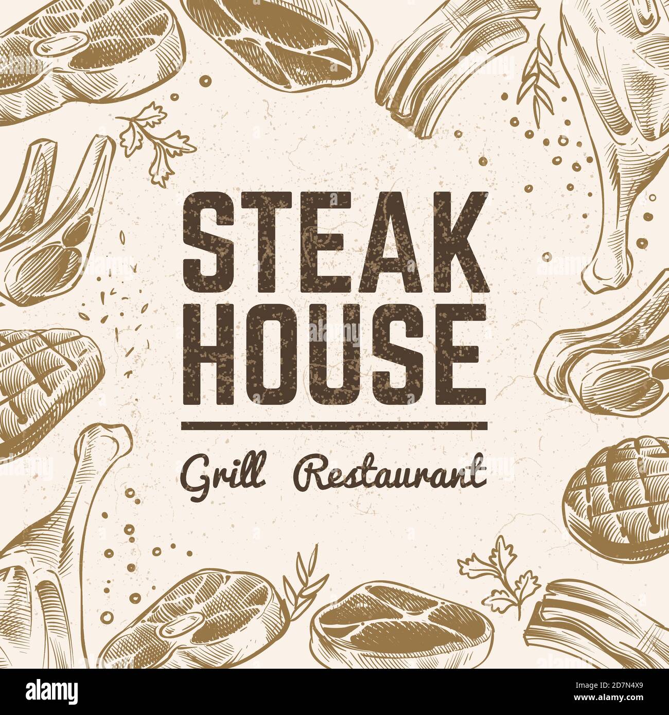 Sketch meat background. Grill food menu. Vintage bbq meat hand drawn vector backdrop. Illustration of steak beef, bbq meat Stock Vector