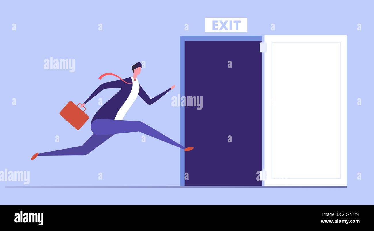 Businessman run to open exit door. Emergency escape and evacuation from office vector business concept. Illustration of businessman run to door exit, escape direction Stock Vector