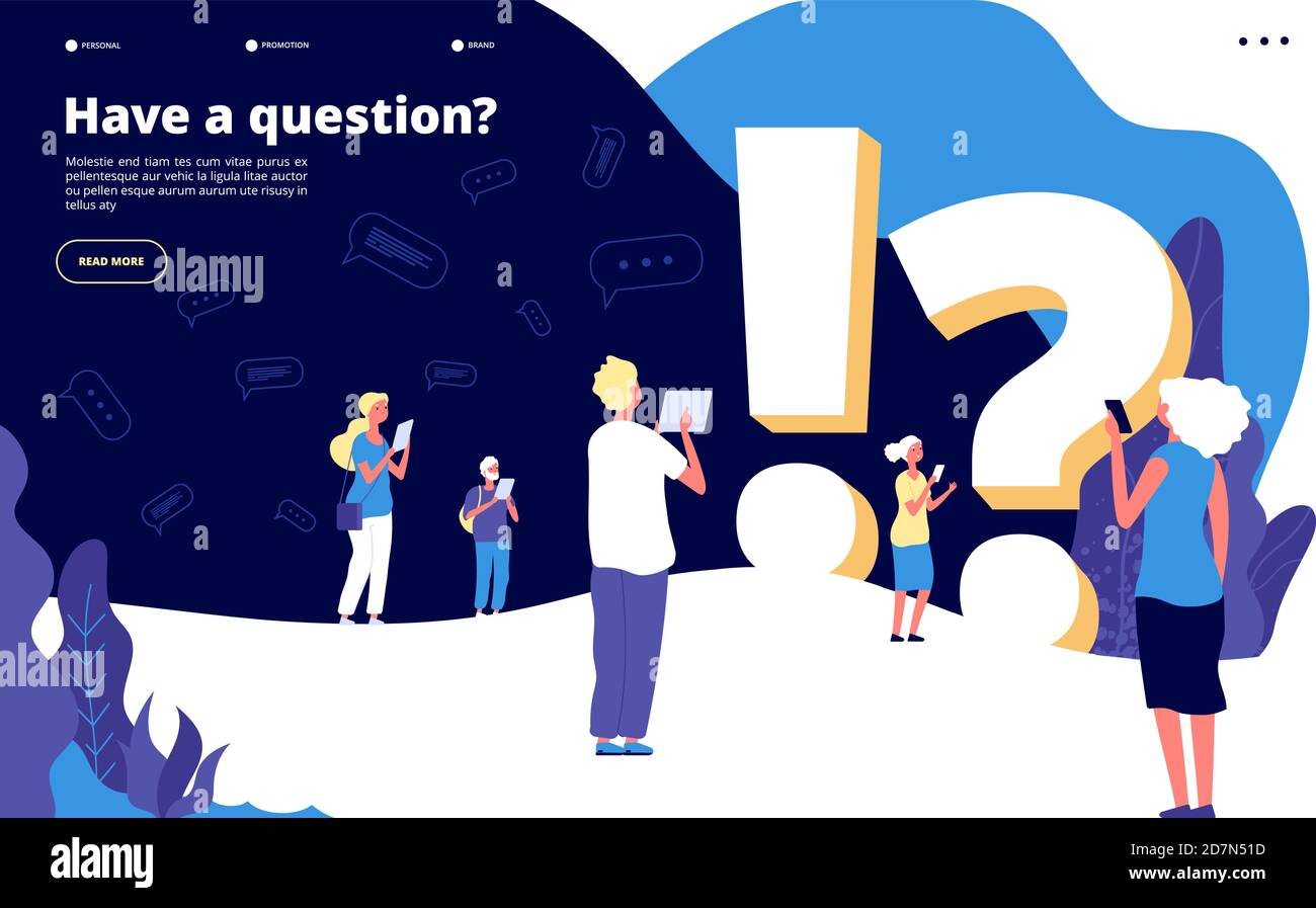 Faq landing page. People ask questions and get answers. Questioning person, problem solution abstract quiz vector concept. Faq web page, solution and ask service website illustration Stock Vector