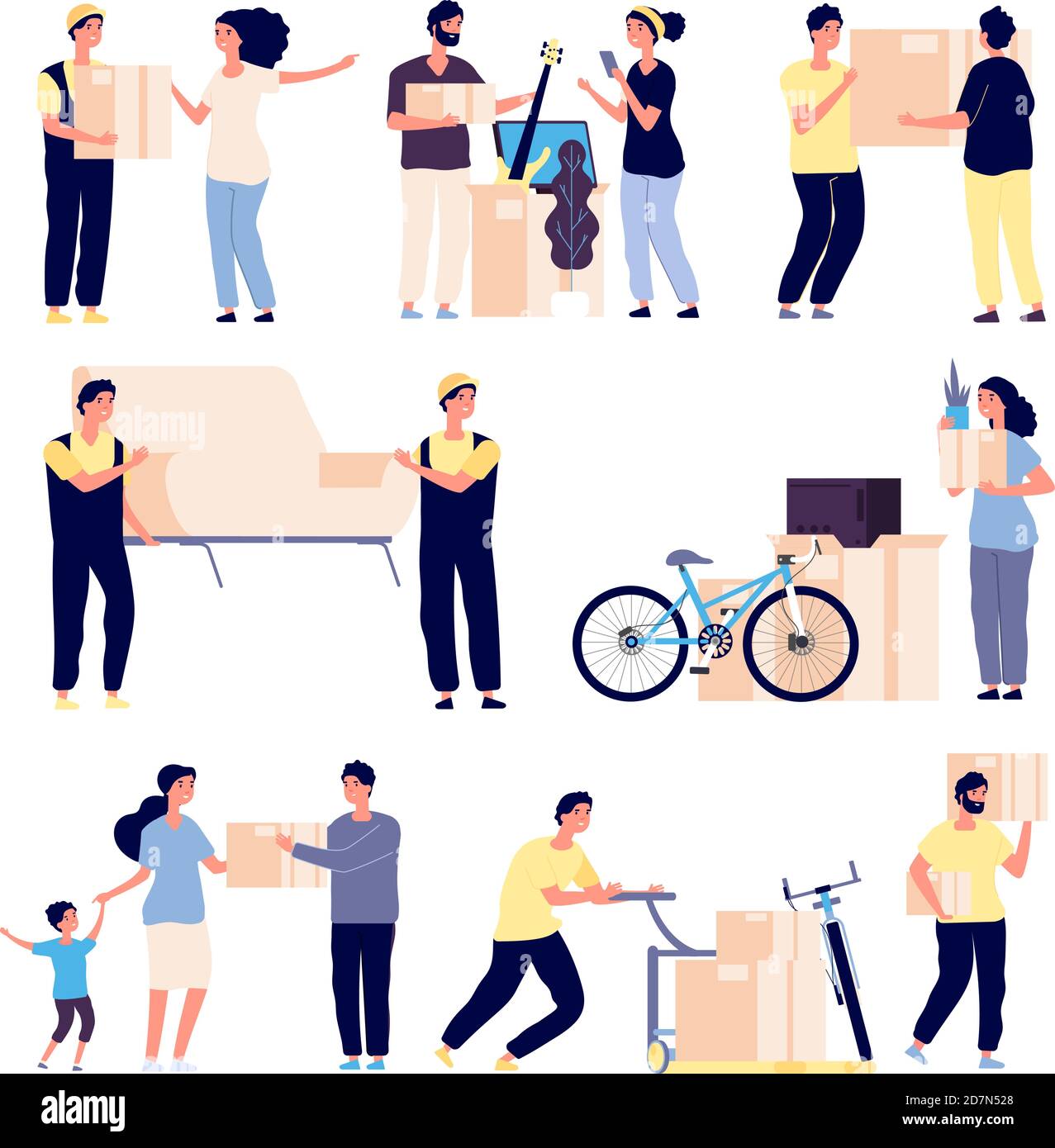 People moving new house. family moves new home with loaders, collect supplies in boxes. Isolated vector characters set. Illustration of delivery people, relocation and move box Stock Vector
