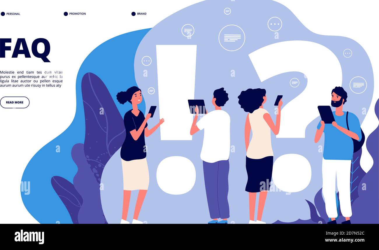 Faq landing page. Confusion people ask frequent question, get answer. Questioning persons, problem solution useful quiz vector concept. Illustration of faq web page, question and answer Stock Vector