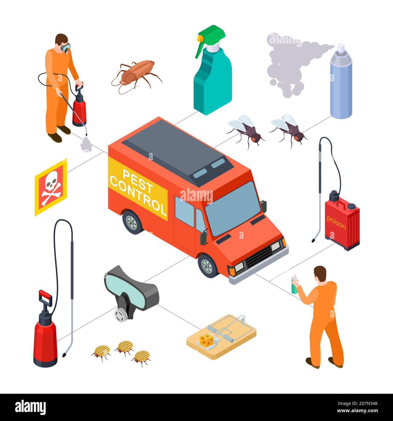 Pest control infographic. Isometric disinfection service. Vector 3D poison, insects, disinfectors. Illustration pest protection, service control parasitic Stock Vector