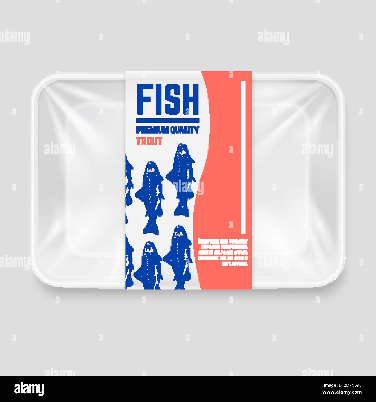 Realistic plastic container with hand drawn fish label vector design. Illustration of container package, pack plastic Stock Vector