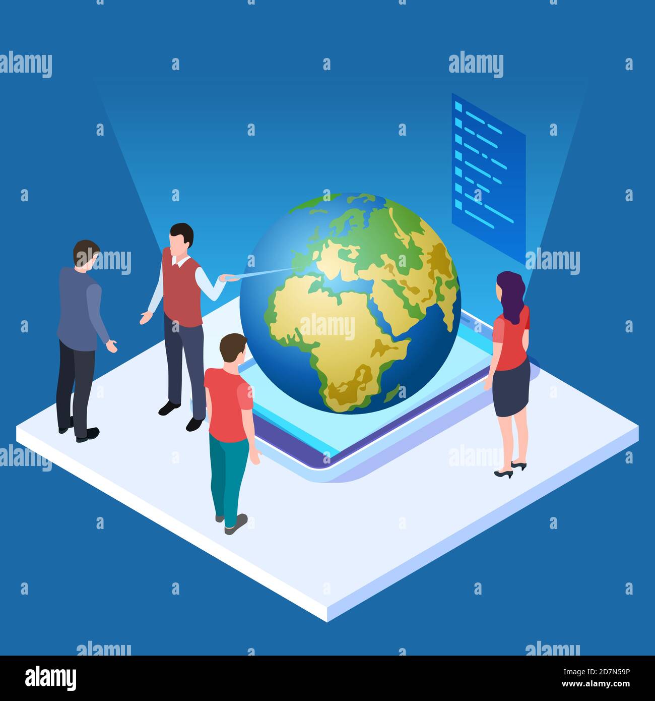 Lecture about earth vector illustration. Save the planet isometric concept. Planet globe, meeting eco presentation, news save earth Stock Vector