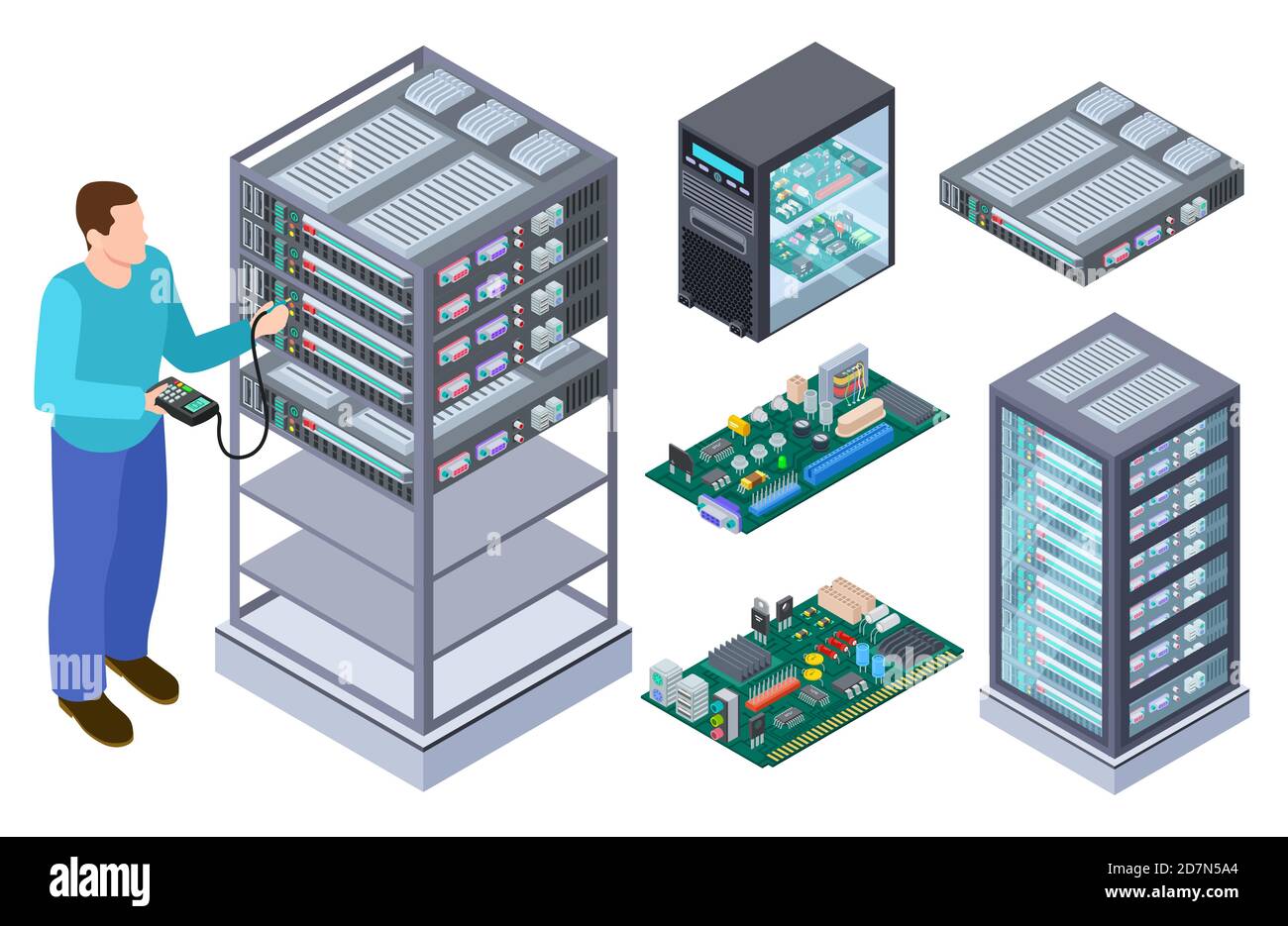 Man tests computer equipment. QA tester, motherboards and data storages vector isometric collection. Equipment service test, hardware support, repair computer illustration Stock Vector