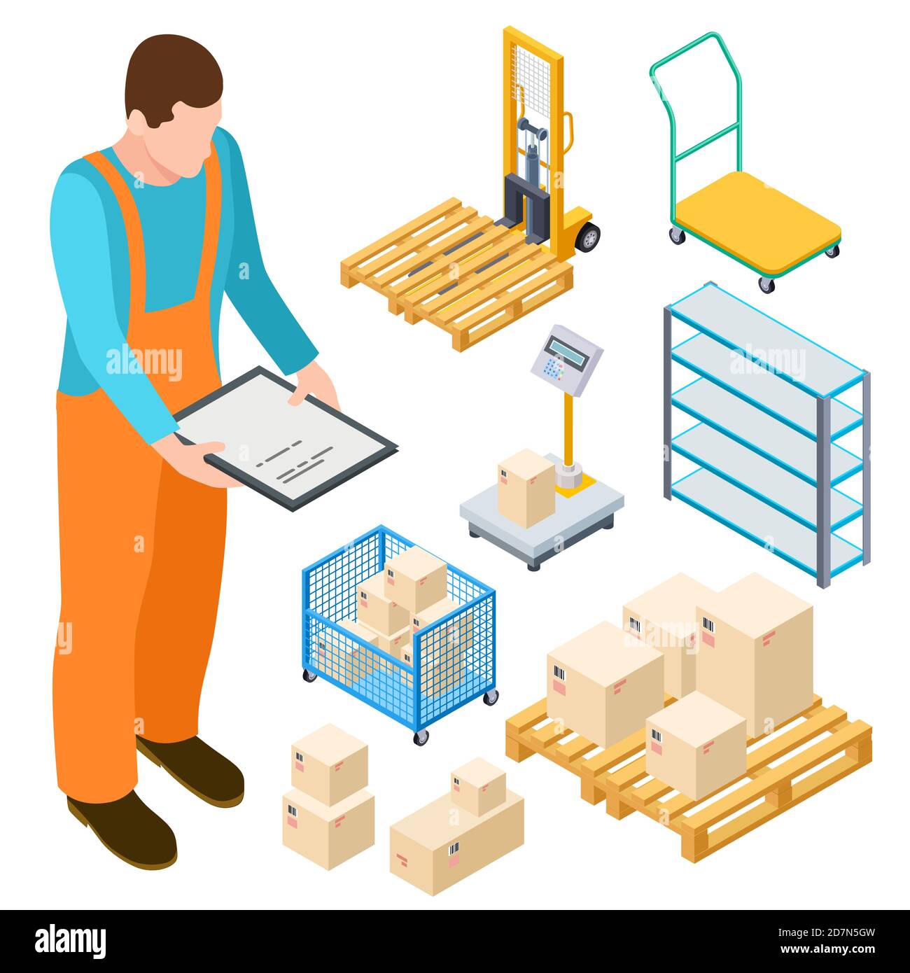 Warehouse equipment, trolley, parcels isometric vector collection. Illustration of trolley and forklift, storage isometry distribution Stock Vector