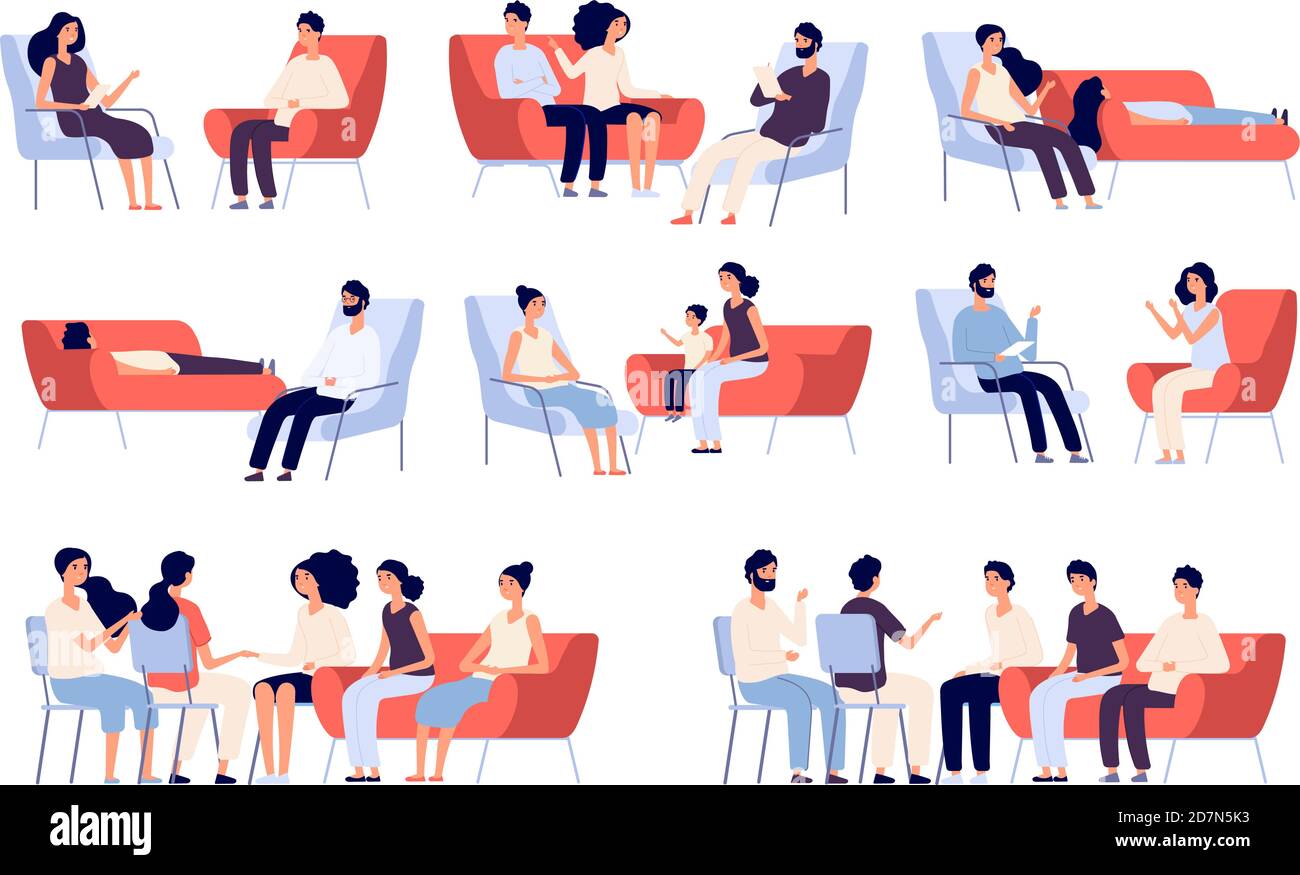 Group therapy. People crowd consulting with psychologist, persons talking to psychotherapist. Family psychoanalysis vector characters. Illustratration of psychotherapy problem, psychotherapist Stock Vector