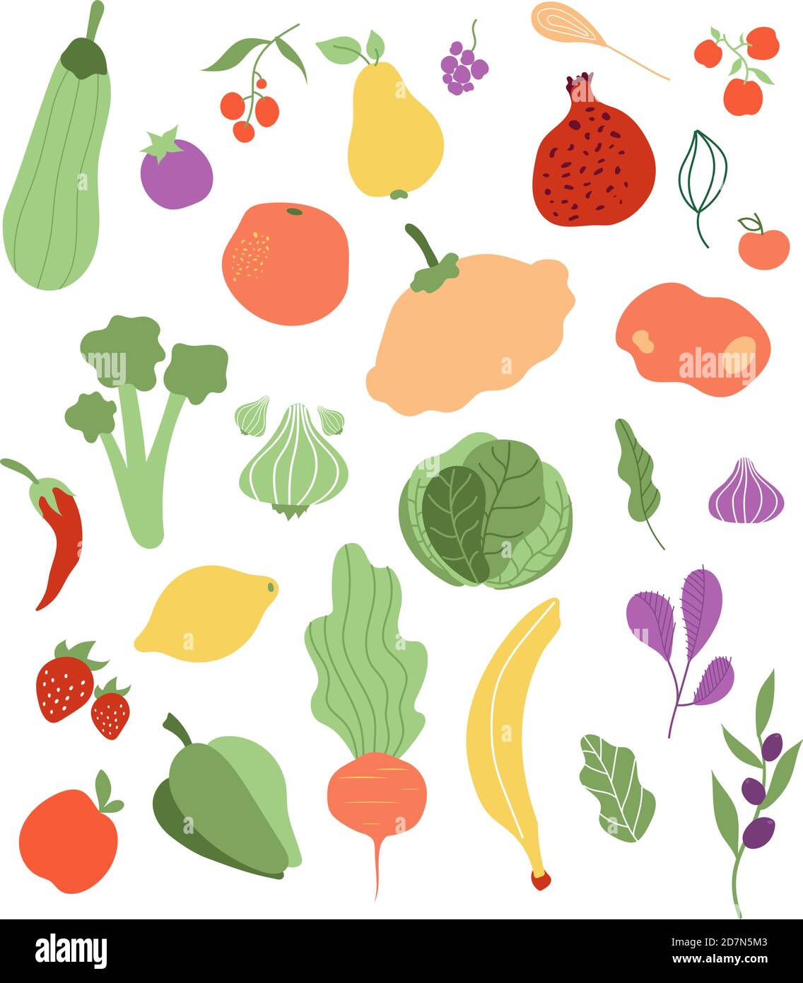 Color fruits vegetables. Onion lemon banana cabbage pepper apple squash. Vegan healthy organic food delicious vegetable fruit vectors. Cabbage and zucchini, fruit and pomegranate illustration Stock Vector