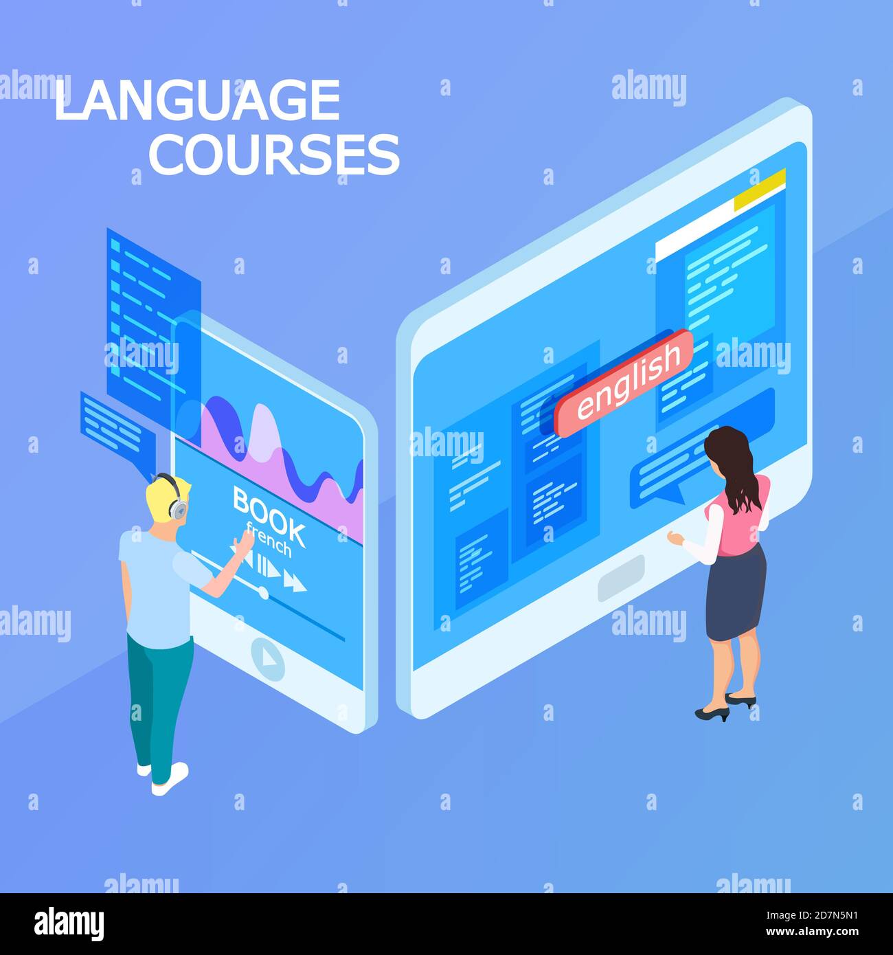 Online language courses isometric 3d vector concept. Education people, studying language distance illustration Stock Vector