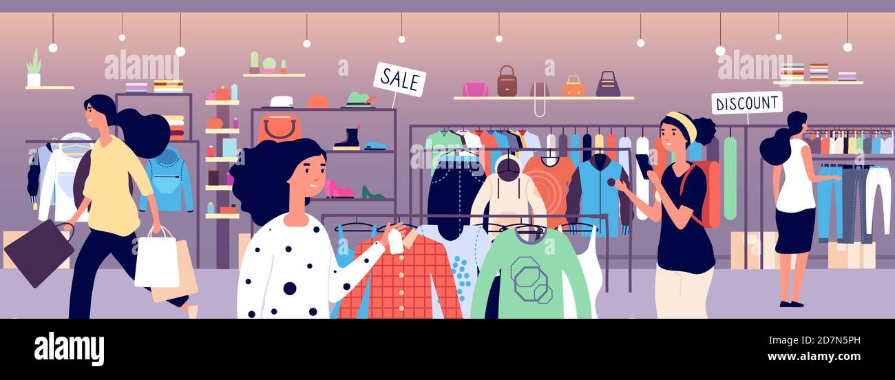 Women in clothing store. People shoppers choosing fashion clothes in boutique. Garment shop interior vector concept. Illustration of boutique clothing, fashion store mall Stock Vector