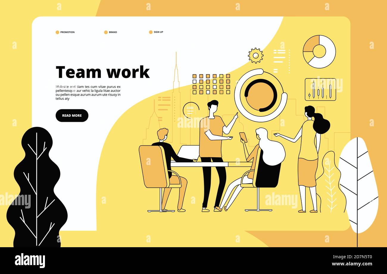 Teamwork landing page. Employees working together. Data analysis, effective professional cooperation. Startup vector web template. Illustration cooperation teamwork, web site, effective startup Stock Vector