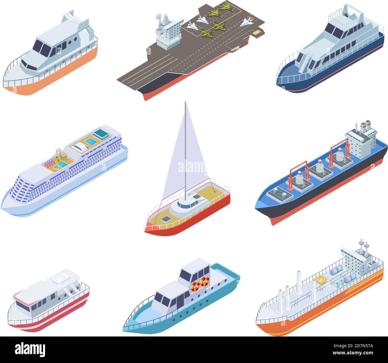 Isometric ships. Vessels shipping nautical boats barge commercial ship sea business marine sailing yacht ferry 3d vector shipment set. Ferry isometric, water marine transport collection illustration Stock Vector