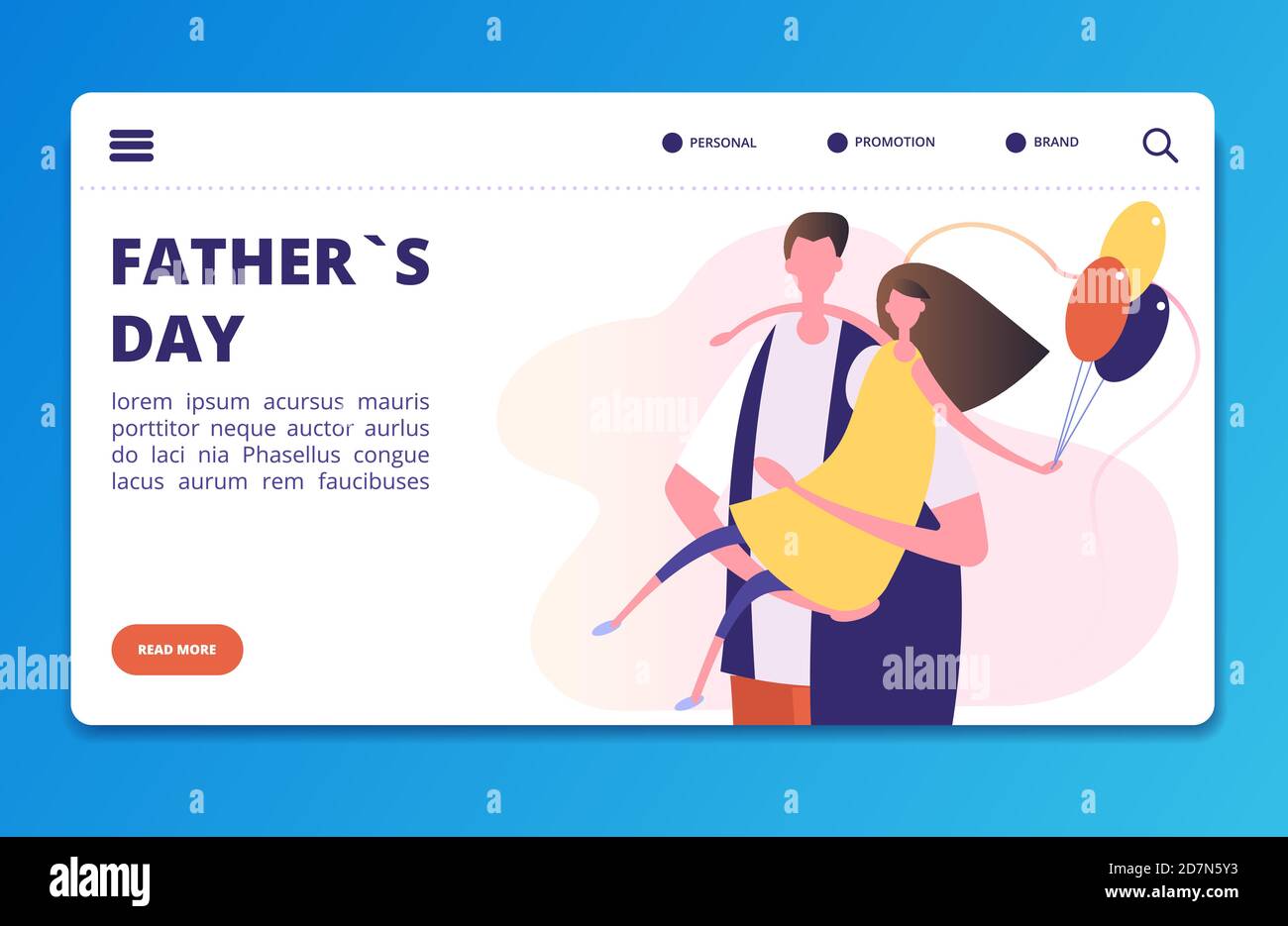 Fathers Day vector landing page template with cartoon father and daughter. Illustration of landing page, man with daughter, father day Stock Vector