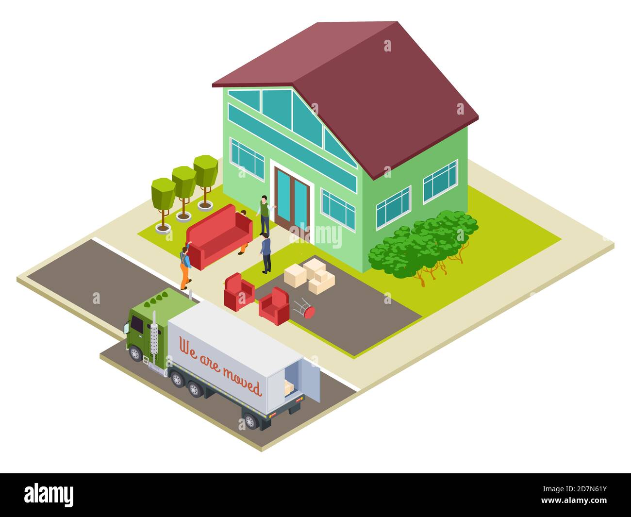 Moving to a new home, furniture delivery vector isometric illustration. Isometric house moving, relocation and delivery and furniture Stock Vector