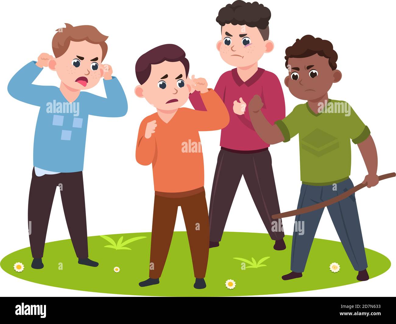 Angry kids. Bad boys confronting and bullying smaller children vector illustration. Boy bully behavior, kids aggressive Stock Vector