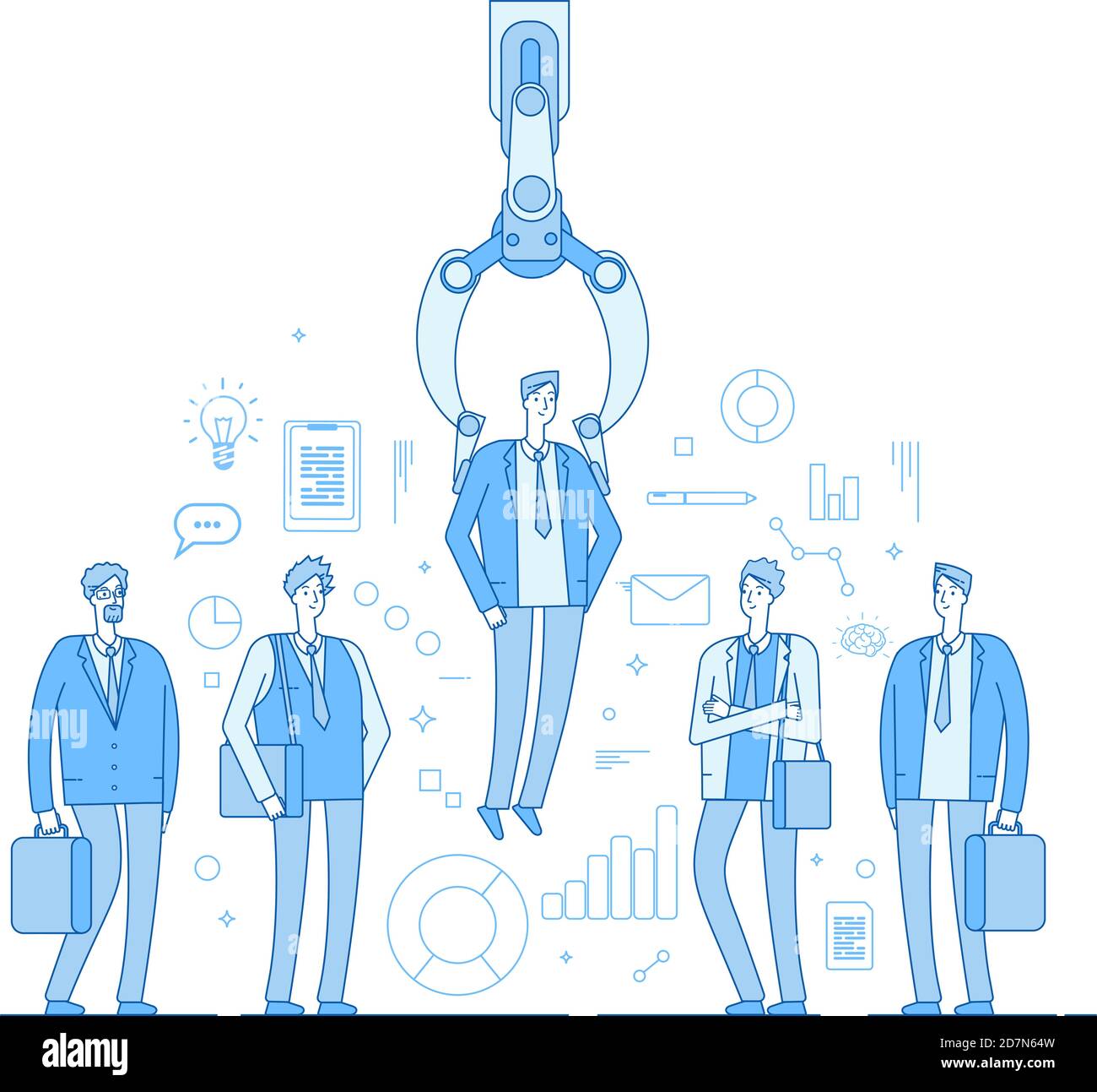 Robot recruiter. Industrial claw choosing man from people selected group. Recruitment human employment agency vector business concept. Robot professional research employee, hr select illustration Stock Vector