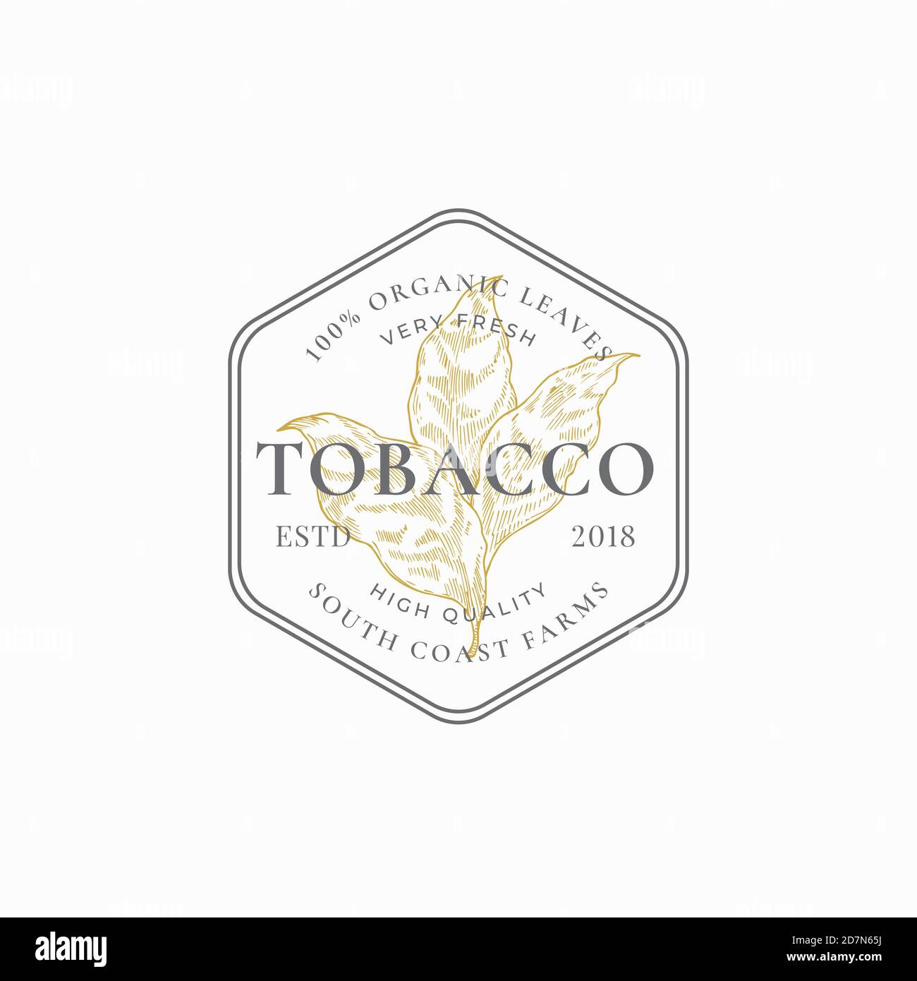 Tobacco Leaf Abstract Vector Sign, Symbol or Logo Template. Herb Branch Sillhouette in a Frame Badge with Retro Typography. Vintage Luxury Emblem. Stock Vector