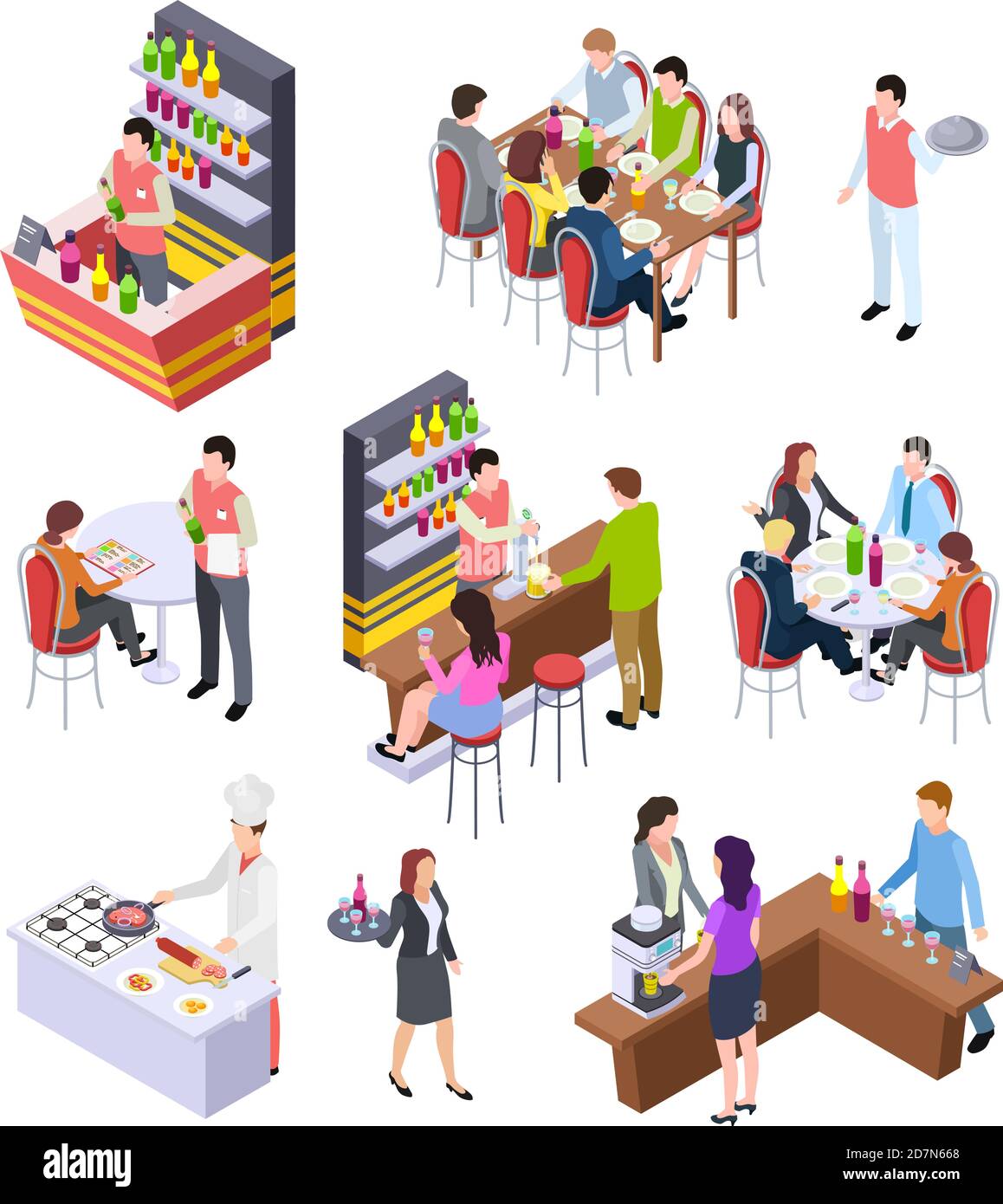 Isometric restaurant. Waiters and people eating lunch at tables in cafe bar restaurant. 3d vector characters set. Illustration of isometric restaurant or cafe, isometry consumer and serving Stock Vector