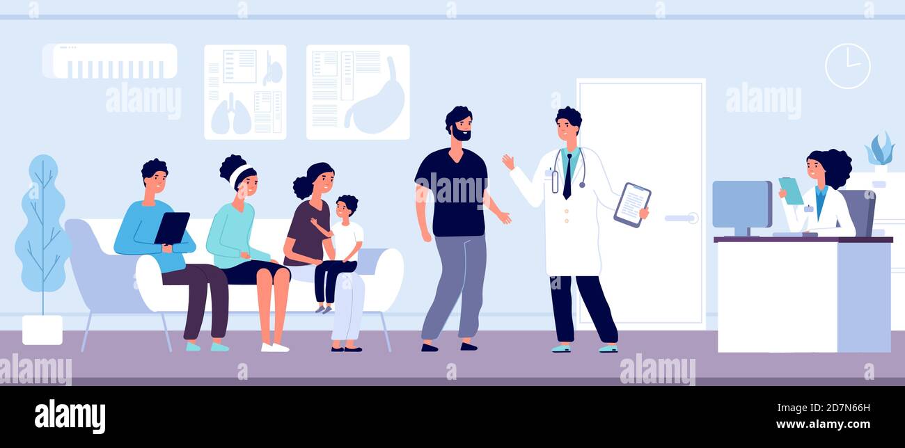 Patients in doctors waiting room. People wait hall in clinic at hospital reception, hospitalized persons, healthcare vector concept. Medical hall interior, clinic reception illustration Stock Vector