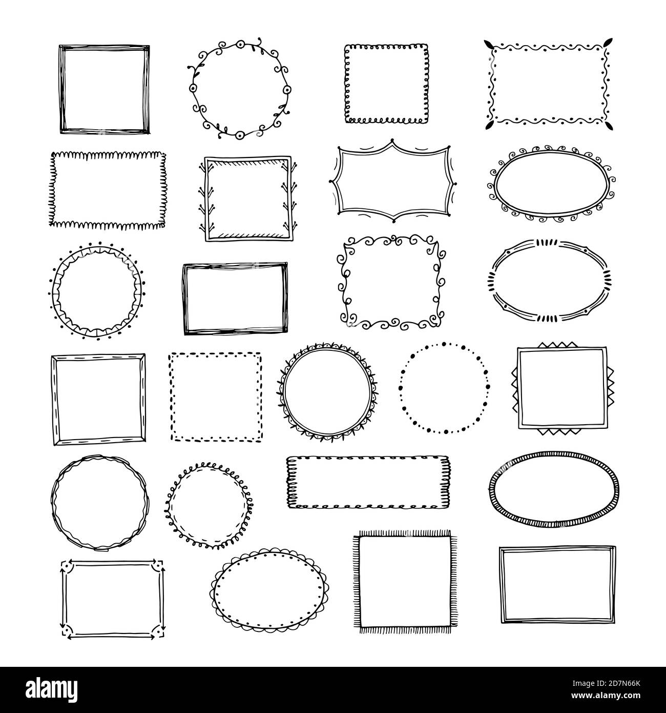 Doodle frames. Square borders sketch lines hand drawn round picture empty frame vintage vector set. Illustration of frame drawing picture, sketched rectangle box Stock Vector