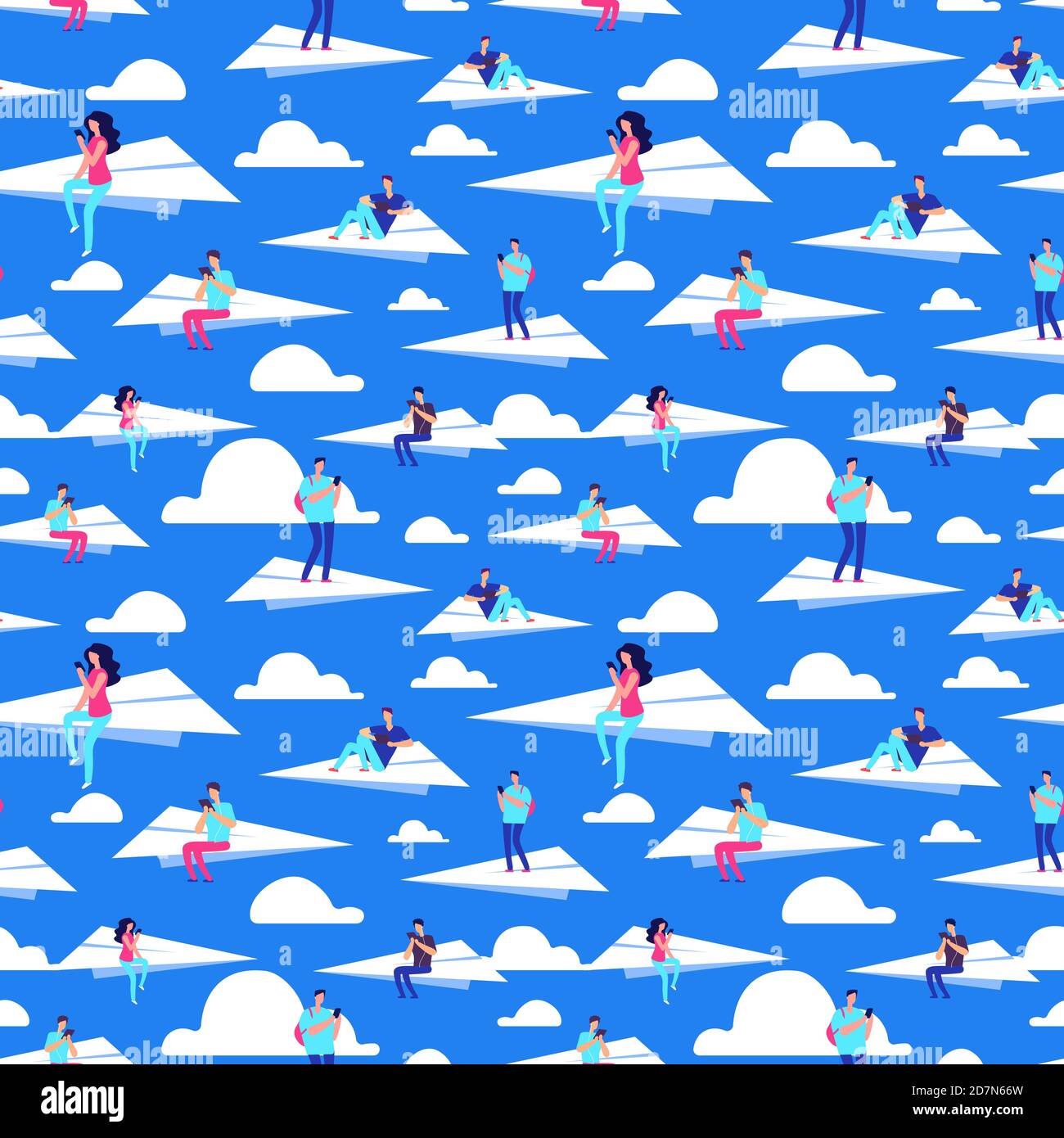 People flying on paper planes vector seamless pattern. Illustration of people fly in sky with cloud Stock Vector
