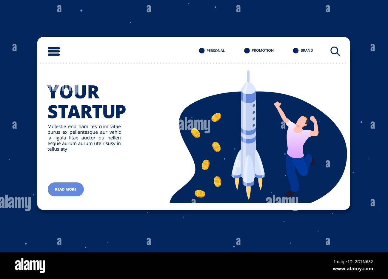 Isometric happy man and spase ship - startup vector landing page template. Startup rocket, development project illustration Stock Vector
