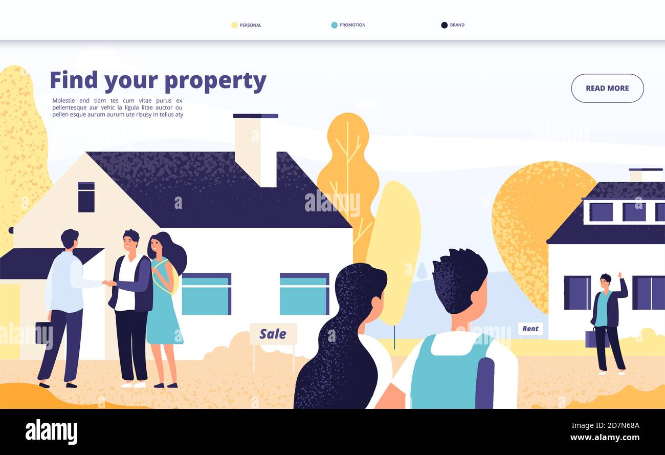 Real estate landing. People rent, sale and buy property. Young couple with broker and owner at private house. Vector web page design. Illustration of rent property house, character seller real estate Stock Vector