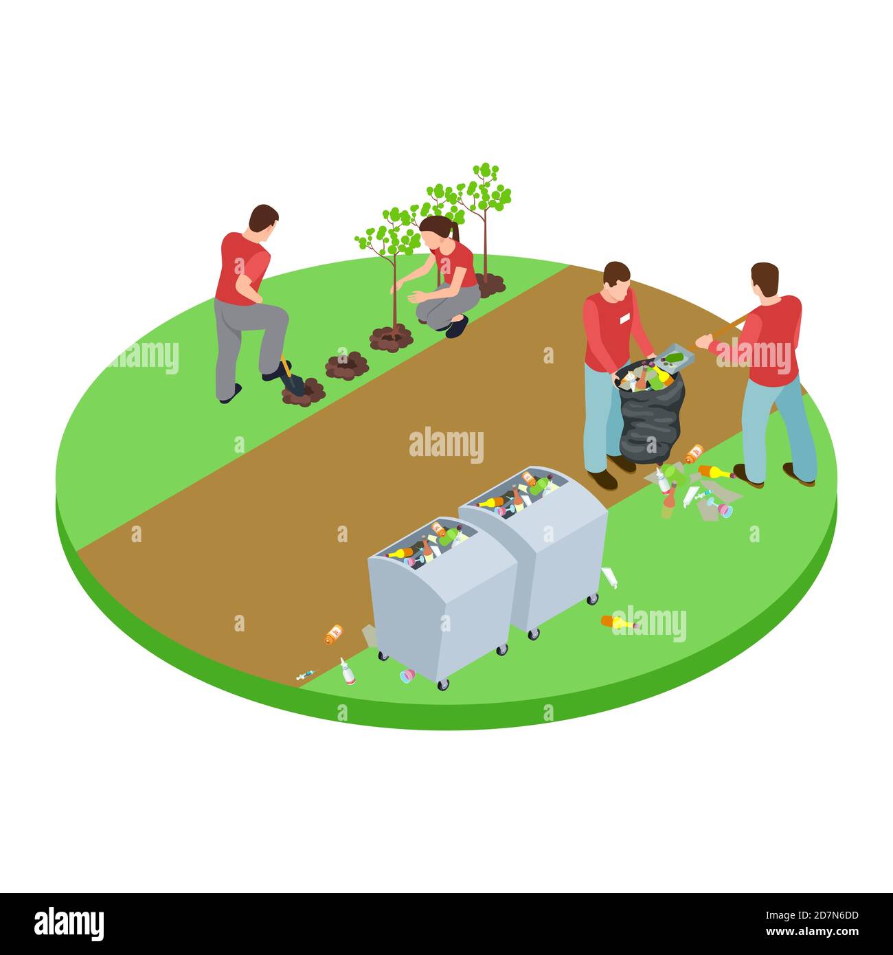Volunteers take out the trash in the park and plant trees isometric vector concept. Illustration of tree park, volunteer and plant tree Stock Vector