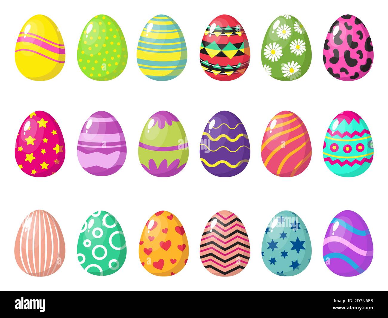 Cartoon colorful easter eggs vector with patterns isolated on white background. Easter egg pattern, different and various oval gifts illustration Stock Vector