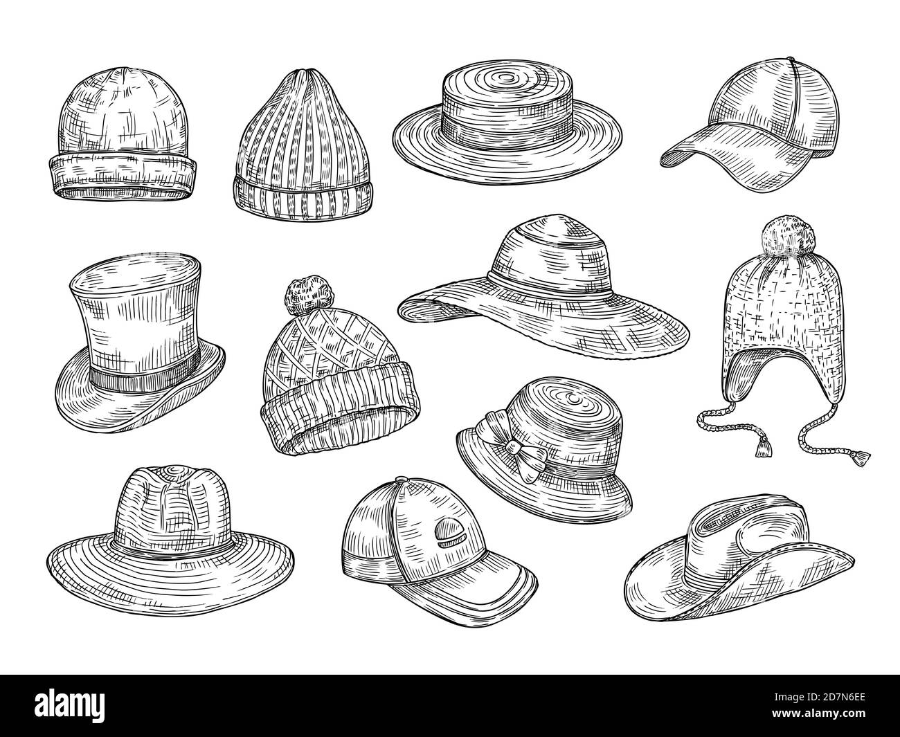 Sketch hats. Knitted winter and summer hats, hand drawn warm cap, doodle headdress accessories vector isolated set. Illustration headdress and cap, hat winter Stock Vector