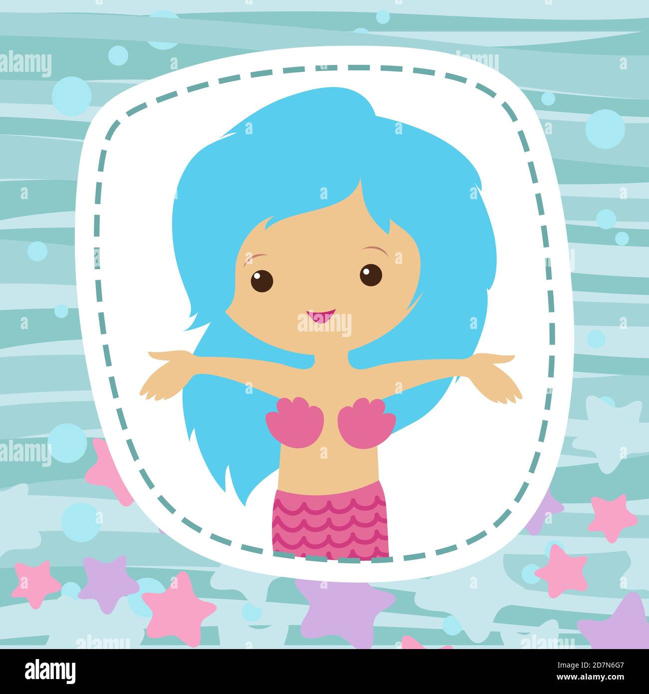 Little Mermaid cute cartoon character printable card vector template. Cute mermaid girl, cartoon character fish woman illustration Stock Vector