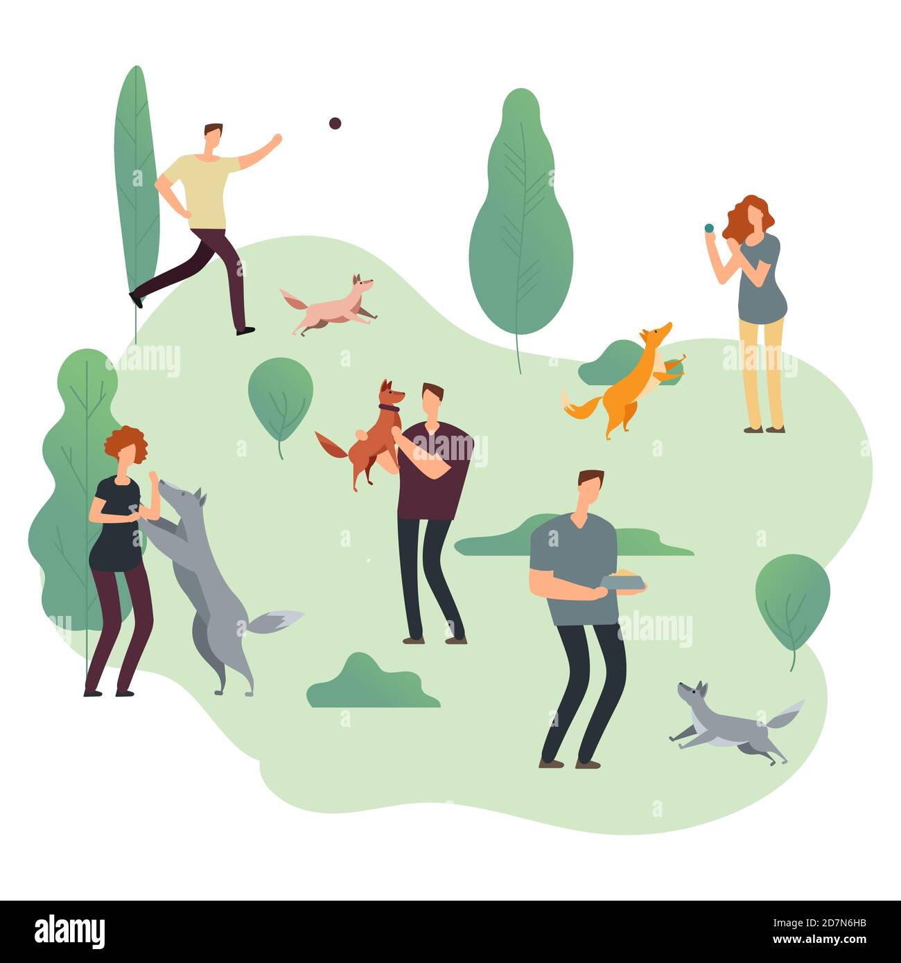 People and pets. Volunteers with homeless dogs vector illustration. Park with person walk pets Stock Vector