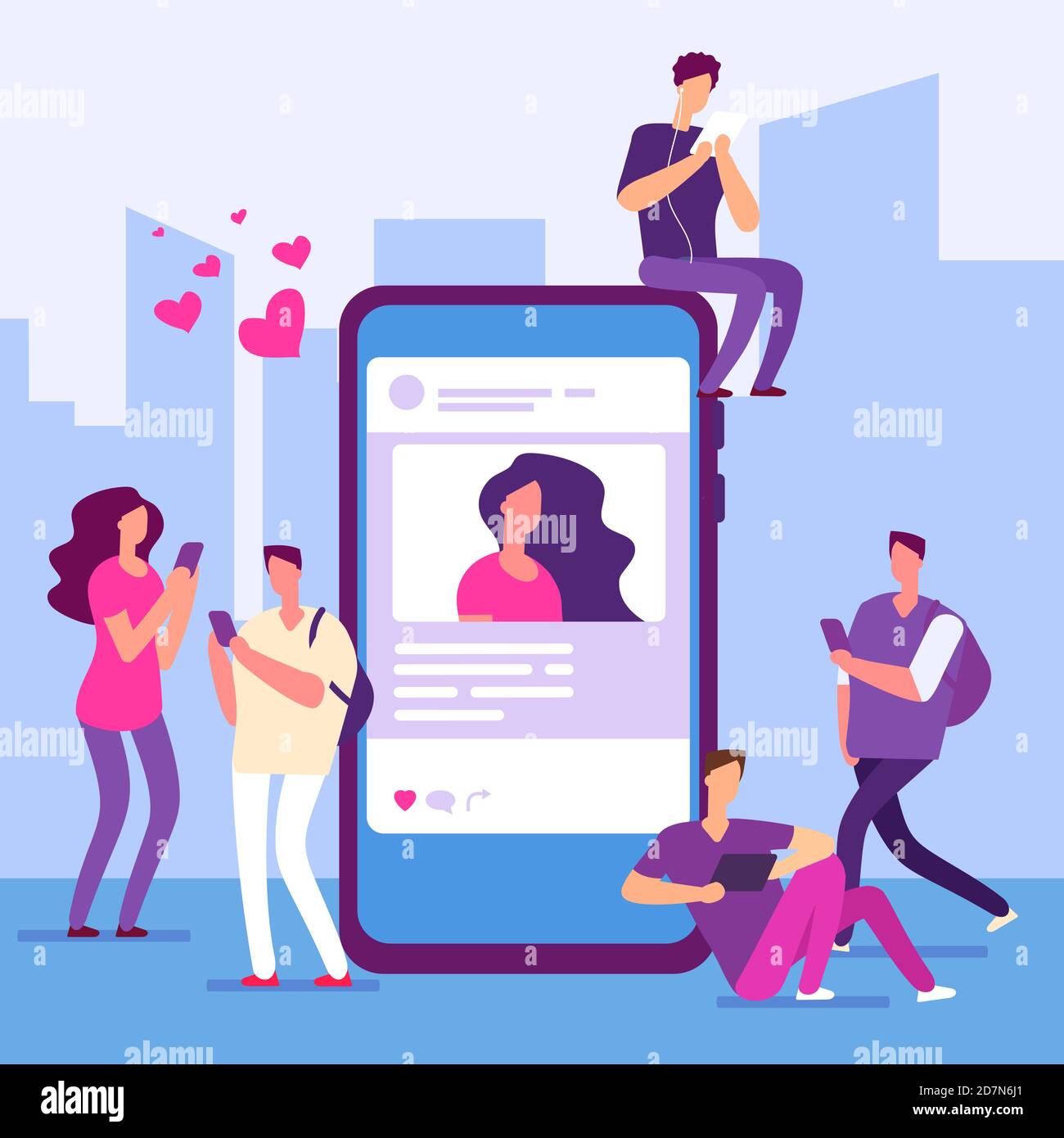 Social media concept. People follow smartphone with message and like. Vector smartphone and networking, social online feedback illustration Stock Vector