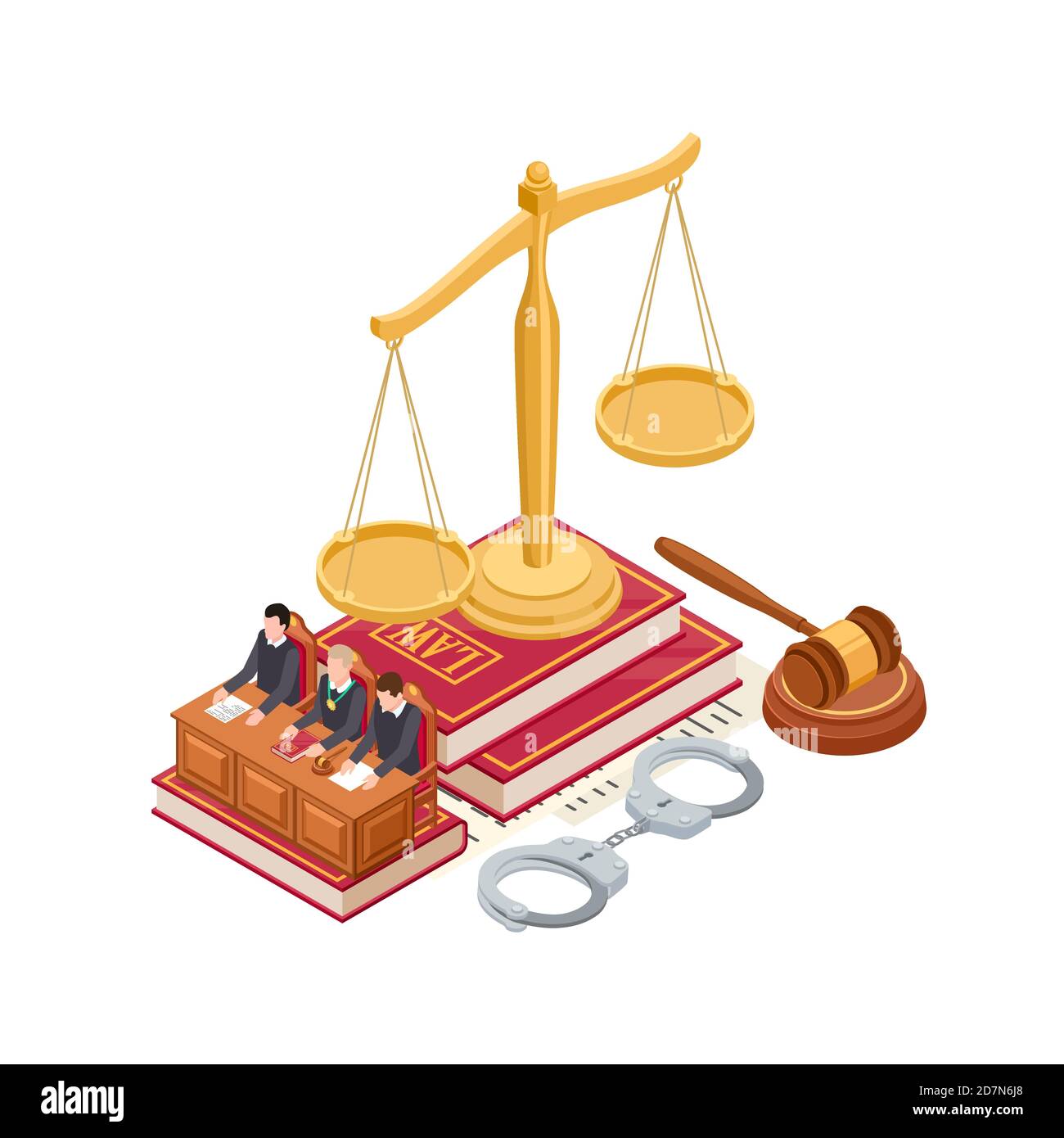 Isometric law and justice vector concept. 3D scale of justice, mallet, law book and judge isolated on white background. Justice and law, courtroom isometric, judge and court illustration Stock Vector