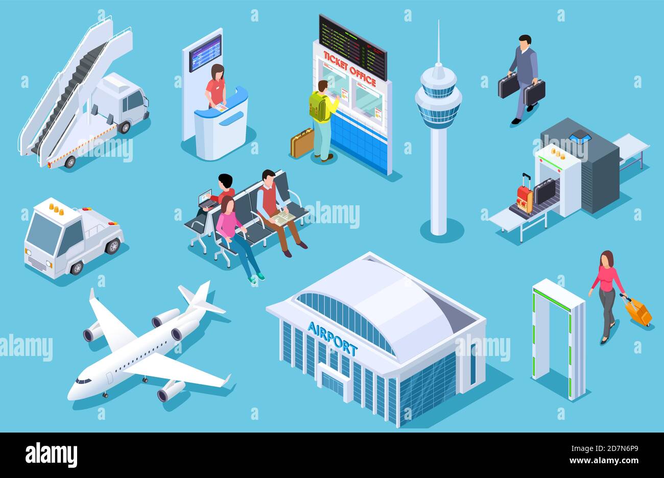 Airport isometric. Passenger luggage, airport terminal. Tower plane passport checkpoint. Business airline travel management vector set. Airport and airplane, luggage and plane illustration Stock Vector