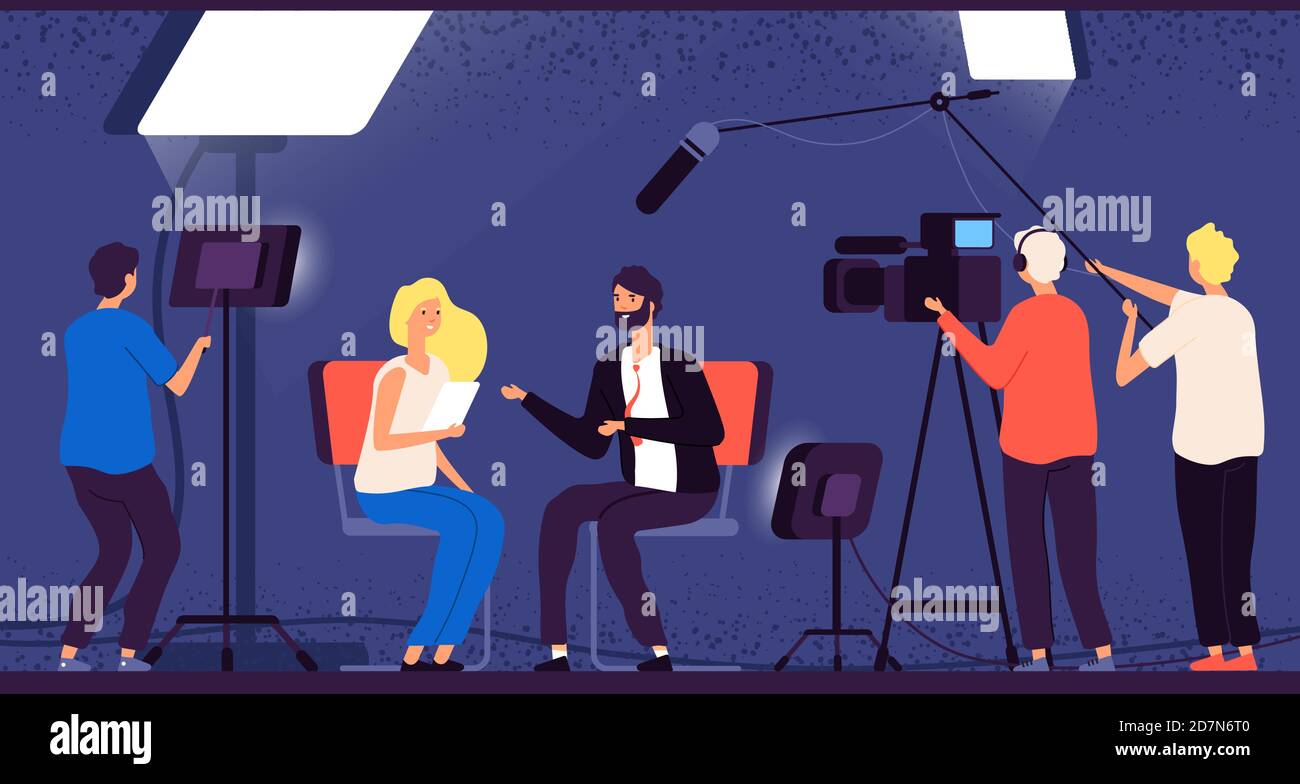 Studio interview. Host journalist tv broadcasting camera professional crew cameraman television interview reporter vector concept. Newscaster news, cameraman studio, television journalist illustration Stock Vector