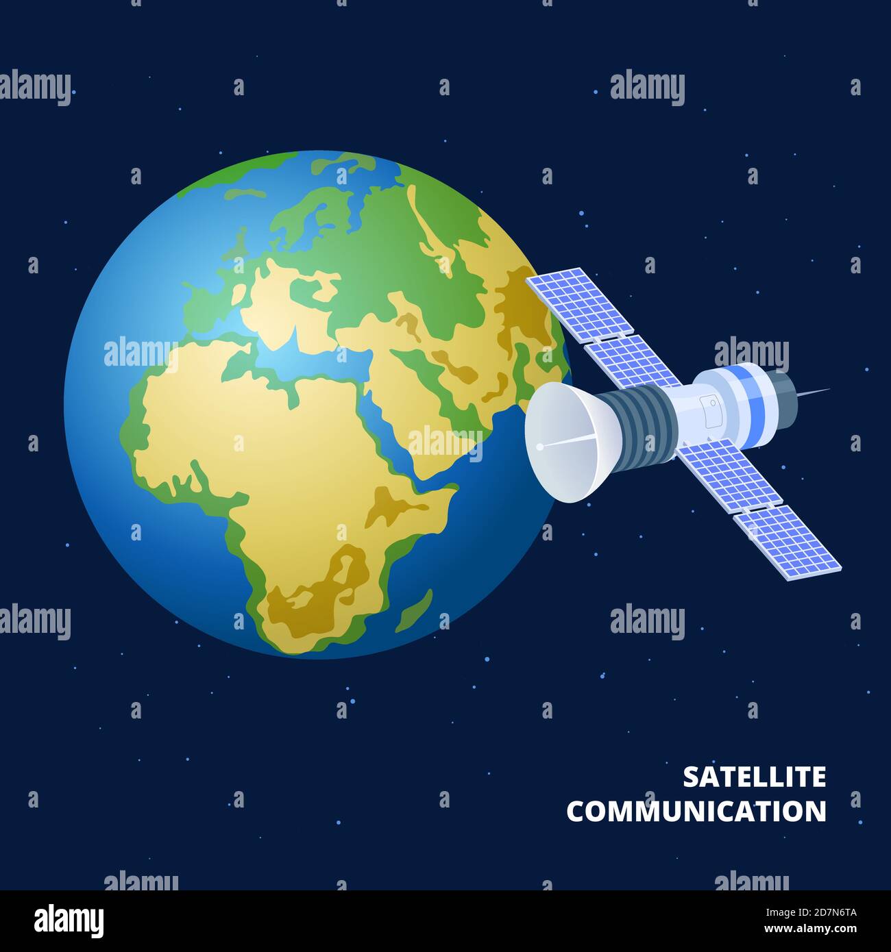 Satellite communication isometric vector illustration. Spaceship and earth. Satellite for communication global, station outer cosmos for imternet Stock Vector