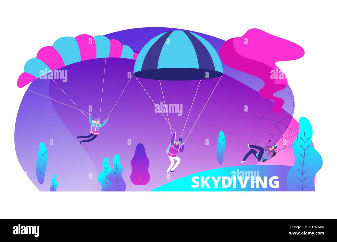 Skydiving vector background with cartoon jumpers. Illustration of extreme parachute, skydiving activity jumper Stock Vector