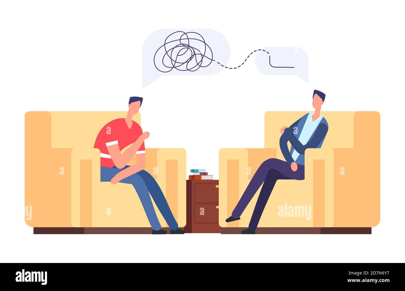 Psychotherapy session vector illustration. Frustrated man at psychologist, depression, mental disorder concept. Psychotherapy and psychology, psychologist listen to patient Stock Vector