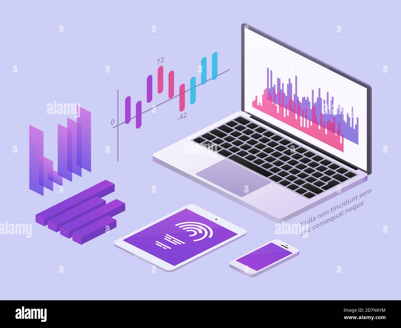 Business app isometric concept. Vector 3d laptop and smartphone with data charts and statistics diagrams. Illustration data optimization, 3d app chart Stock Vector