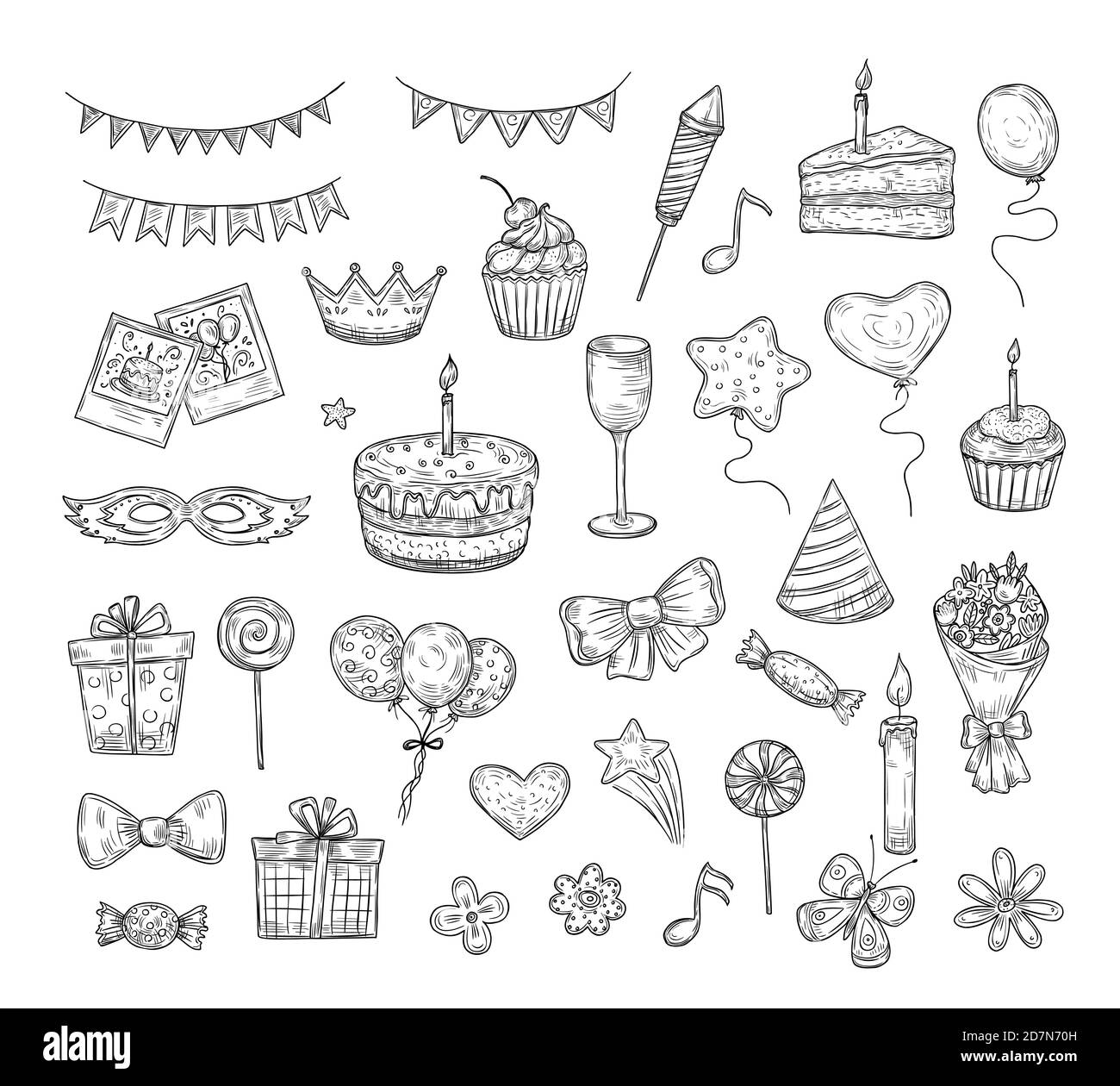 Birthday sketch. Happy birthday celebration party hand drawn items. Cake kids holiday doodle art drawing vector elements. Cake and birthday card, gift box illustration Stock Vector