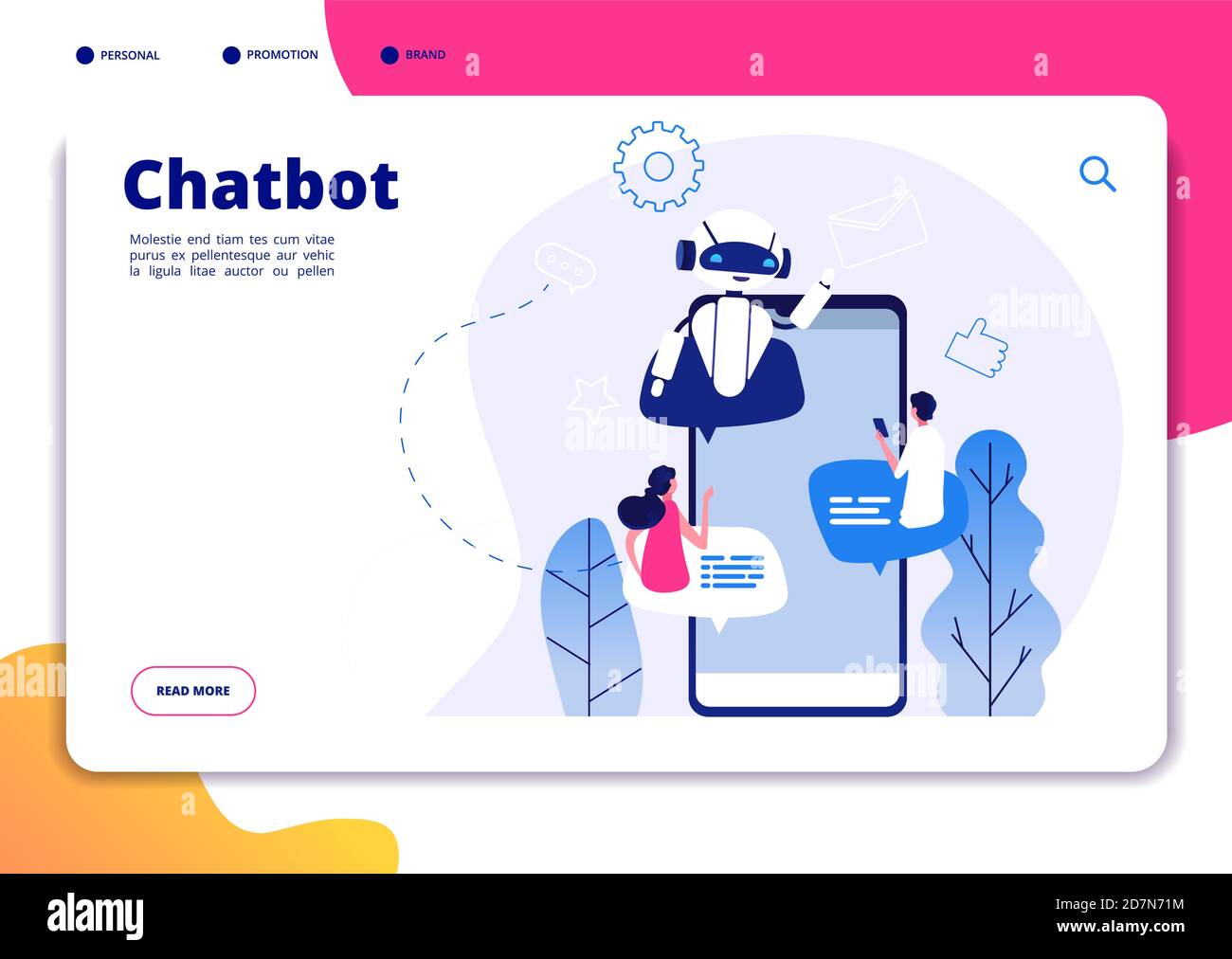 Chatbot. Robotics chatterbot smart robotical conversetion ai bot online talking helping chatbots answering phone vector landing page. Chatterbot mobile service, conversation and chatting illustration Stock Vector
