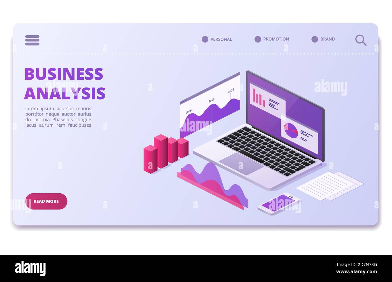 Financial analytics vector page template. Business statistics charts, diagrams. Illustration of business diagram page, monitoring analysis, visualization data isometric Stock Vector