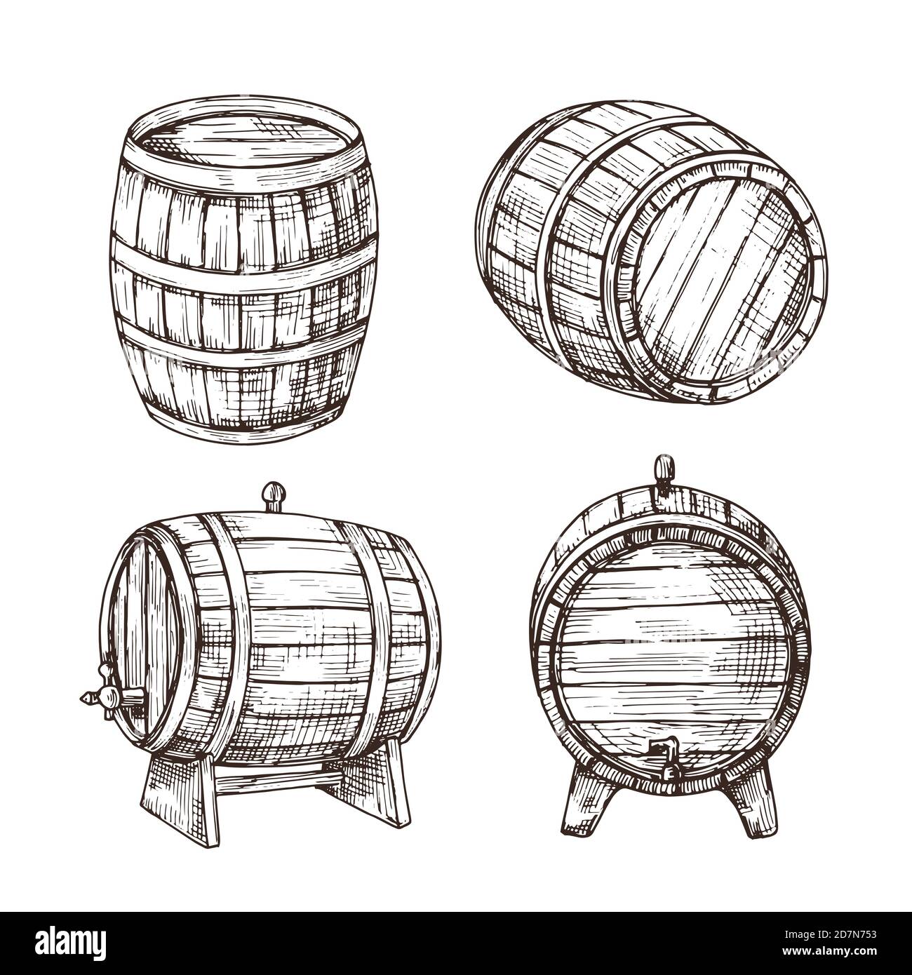 Sketch barrels. Whiskey oak casks. Wooden wine barrel in vintage engraving style. Bar, pub and brewery vector sign isolated. Illustration of cask wood, winery drink and whiskey keg Stock Vector