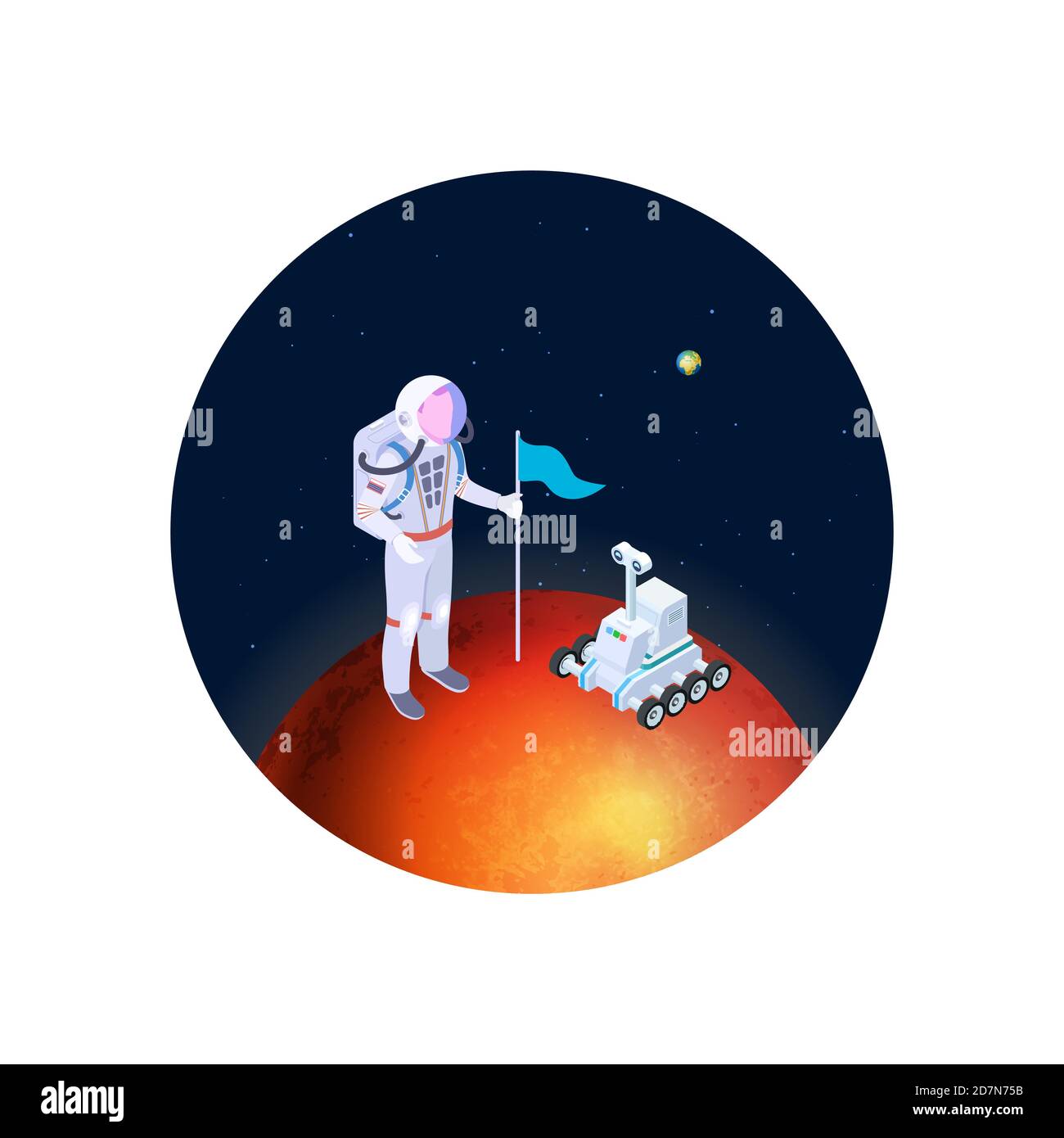 Astronaut and rover on mars vector illustration. Isometric astronaut in a spacesuit with a flag on red planet. Colonization of mars vector concept. Illustration of red planet and rover with astronaut Stock Vector