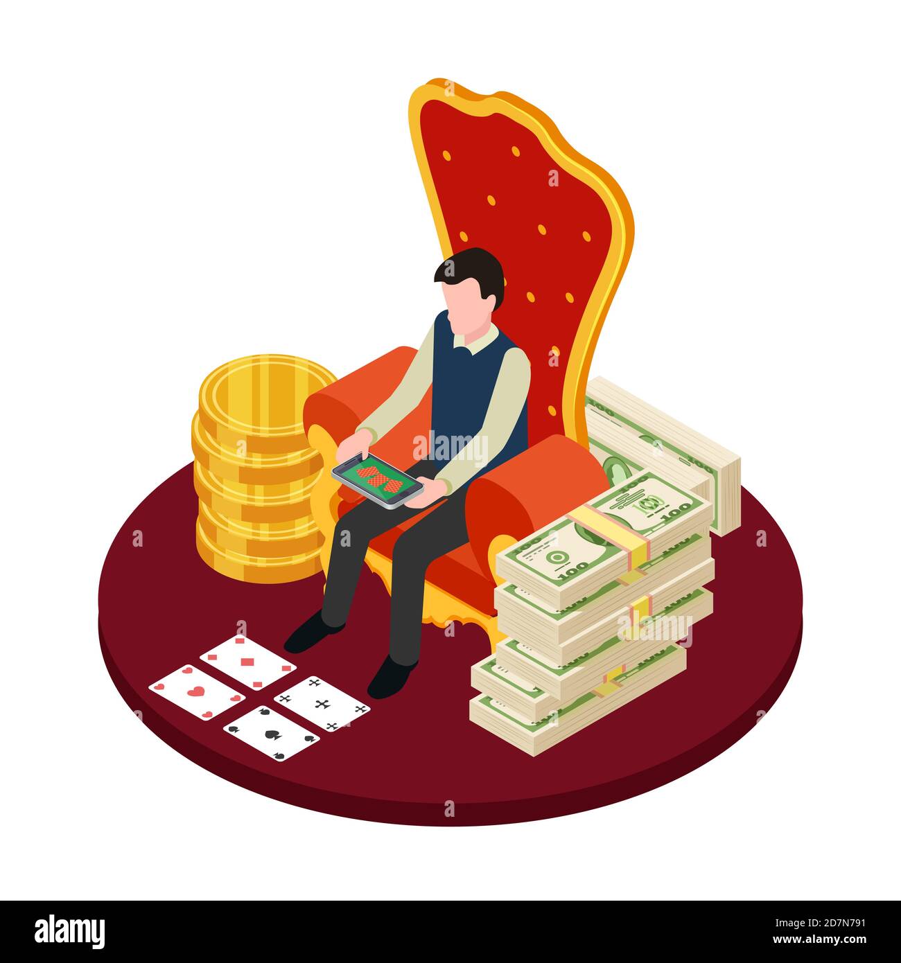 Online casino with banknotes, coins and man with tablet isometric vector illustration. Casino game online, gambling and fortune Stock Vector