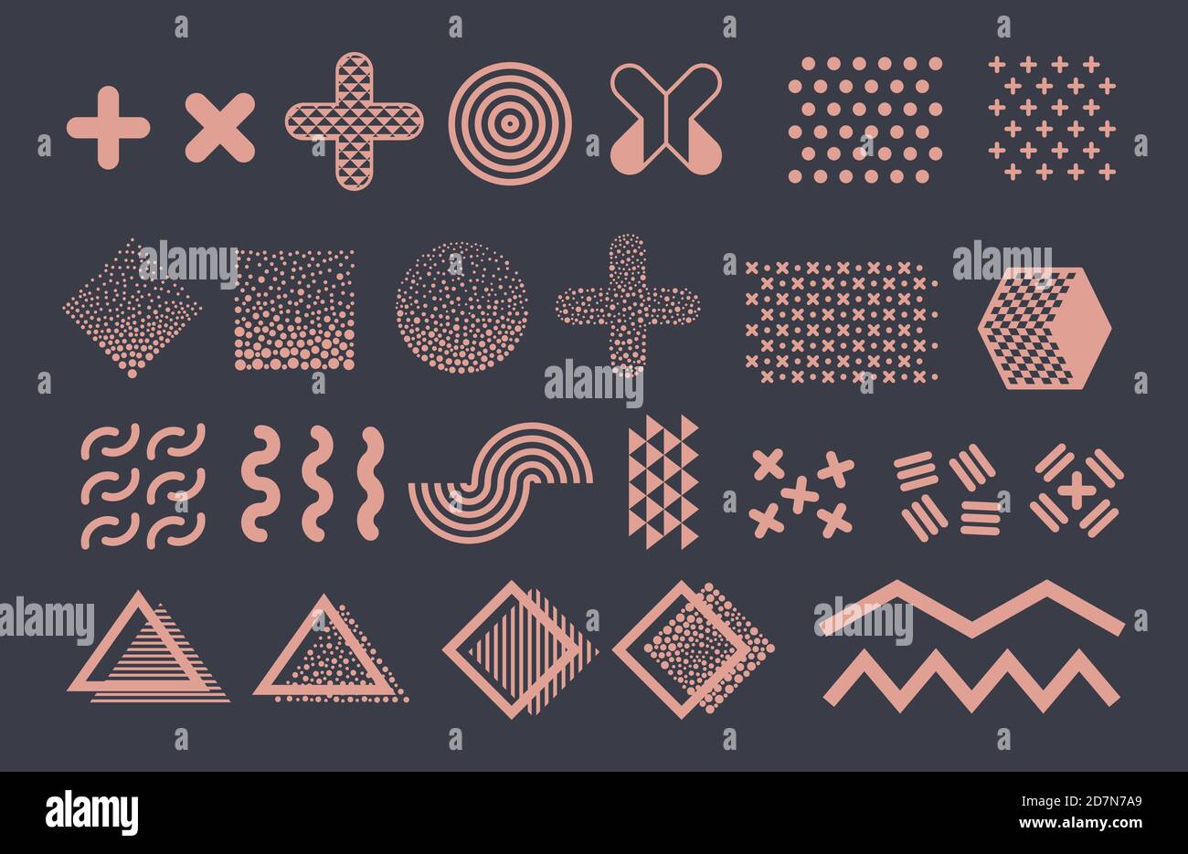 Memphis graphic vector elements. Funky geometric shapes and halftones collection. Illustration of wave and zigzag, stroke funky memphis, composition trend Stock Vector